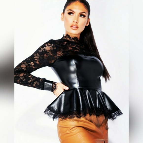 1 LEFT!! Wet Look & Lace Faux Leather Peplum Top - Picture 2 of 14